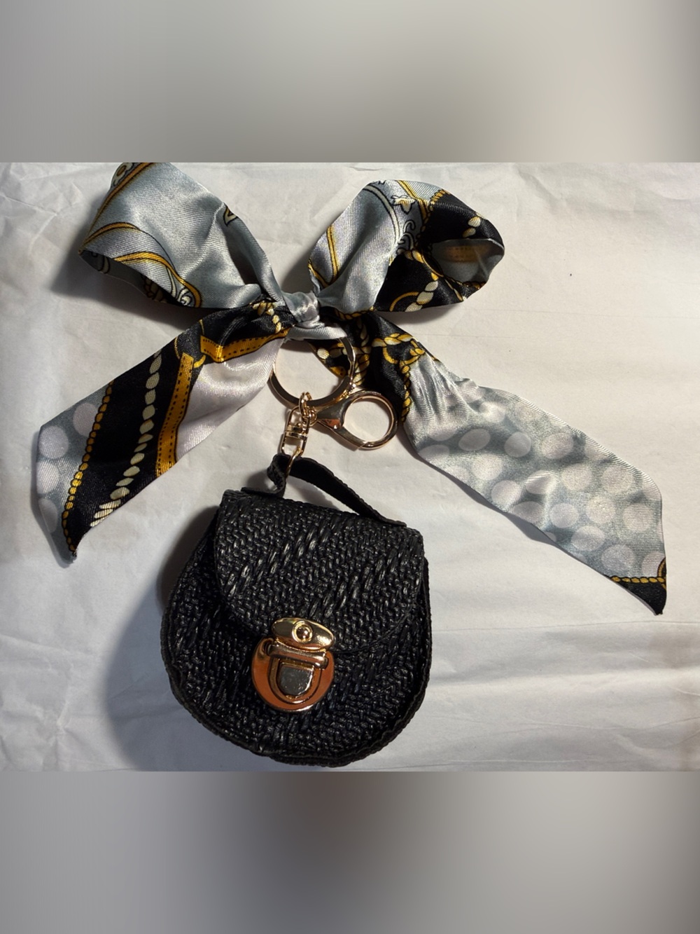 Black Woven Mini Purse Keychain with Gold Hardware with Silky Bow